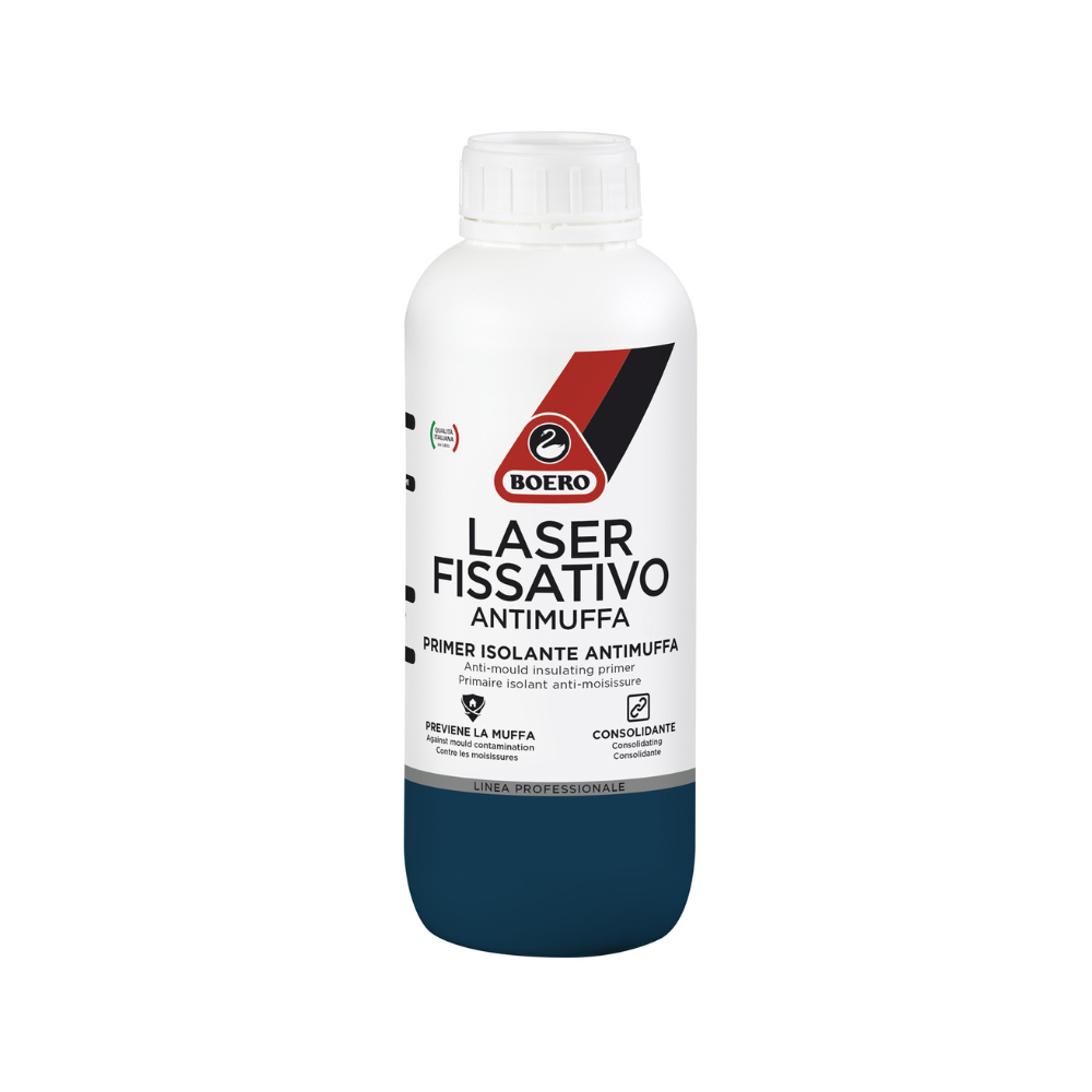 Flacone di Boero Laser Fissativo Antimuffa, primer isolante e consolidante professionale.